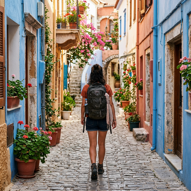 Solo traveler walking through a colorful Mediterranean alleyway