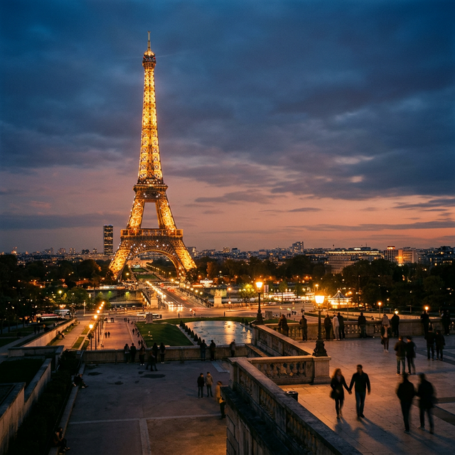 Eiffel Tower Paris at dusk with warm city lights